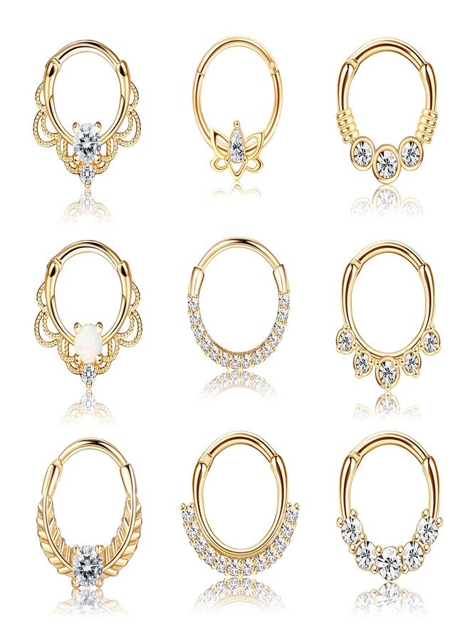 Drperfect 9PCS 16G Septum Rings Opal Daith Earrings Hoop Nose Rings 316L Stainless Steel CZ Cartilage Helix Tragus Earrings Septum Clicker Piercing Jewerly Gold Tone 8MM - Image 1